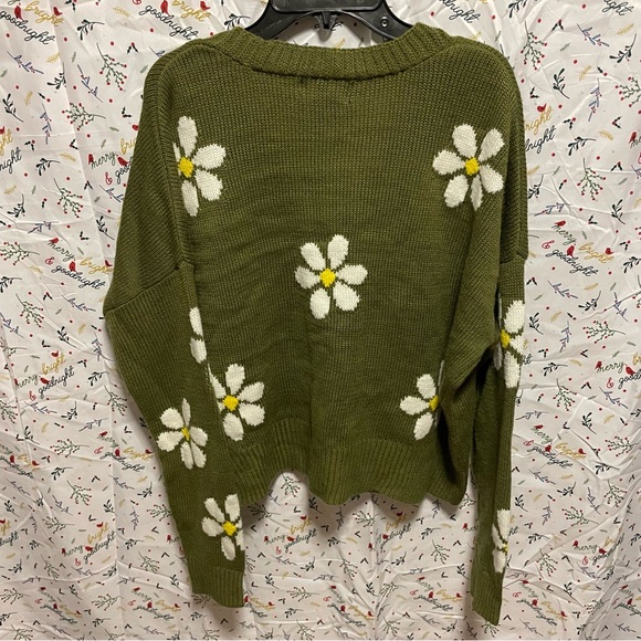 EUC Just Polly 60s Green Daisy Flower Knit Button-up Oversized Cardigan Size S - Picture 2 of 3